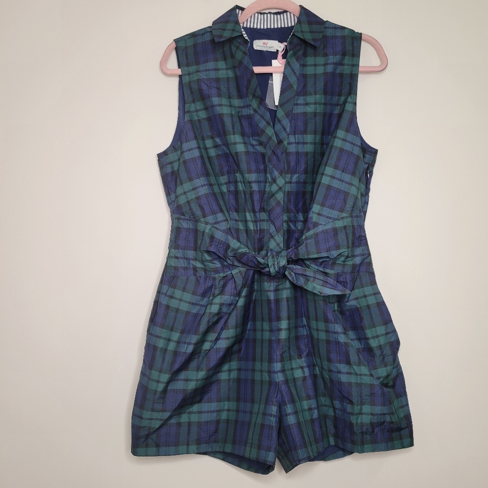 Vineyard Vines Blue and Green Plaid Taffeta Jumpsuit